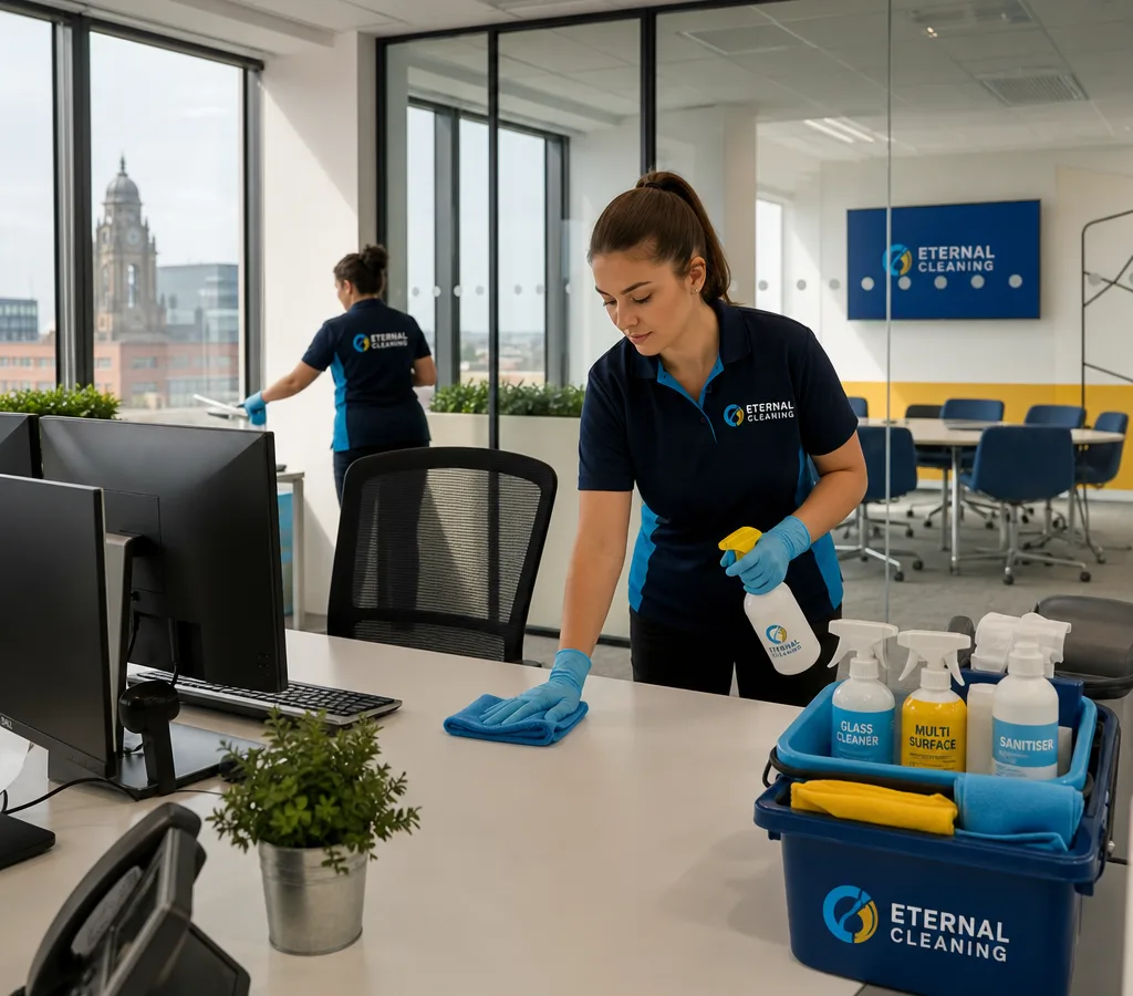 Early-morning office cleaner wiping desks and touchpoints in a modern Leeds workspace
