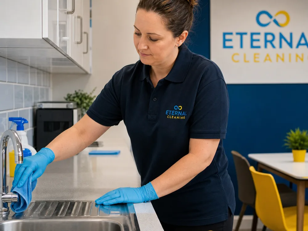 Cleaner wiping taps, worktops and appliance handles in a shared Leeds office kitchen using colour-coded cloths
