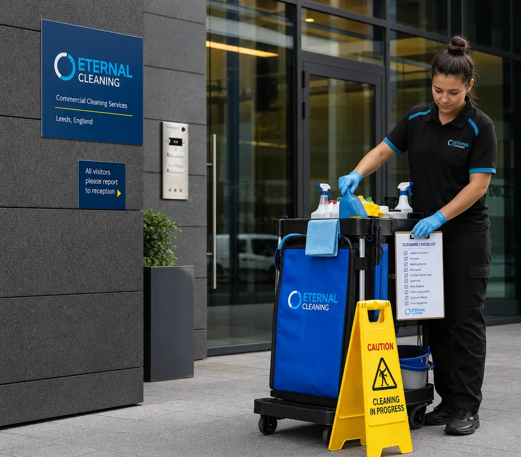 Commercial cleaner setting up a cleaning trolley, PPE and checklist at the entrance of a Leeds office building